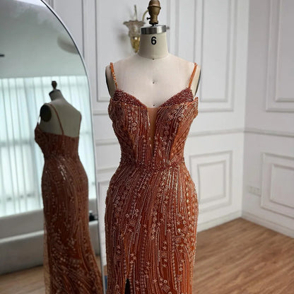 Orange Beaded Mermaid Evening Dress with Slit Spaghetti Straps LA72542