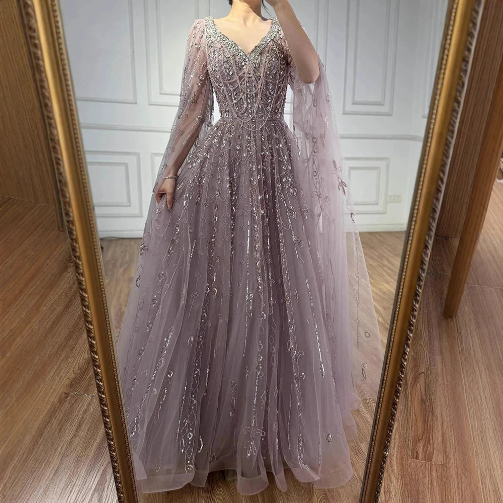 Luxury Nude Beaded Evening Dress with Cape Sleeves for Formal Occasion LA72764A