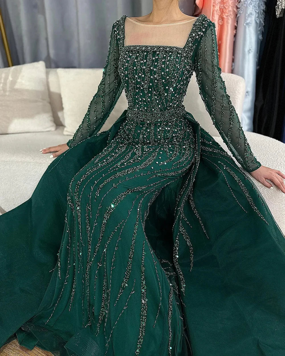 Luxury Green Mermaid Evening Dress with Overskirt LA72710