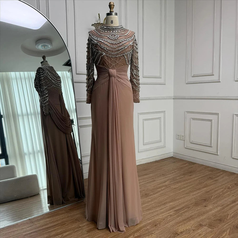 Luxury Designer Modest Brown Stretch Material Mermaid Evening Dress LA72993