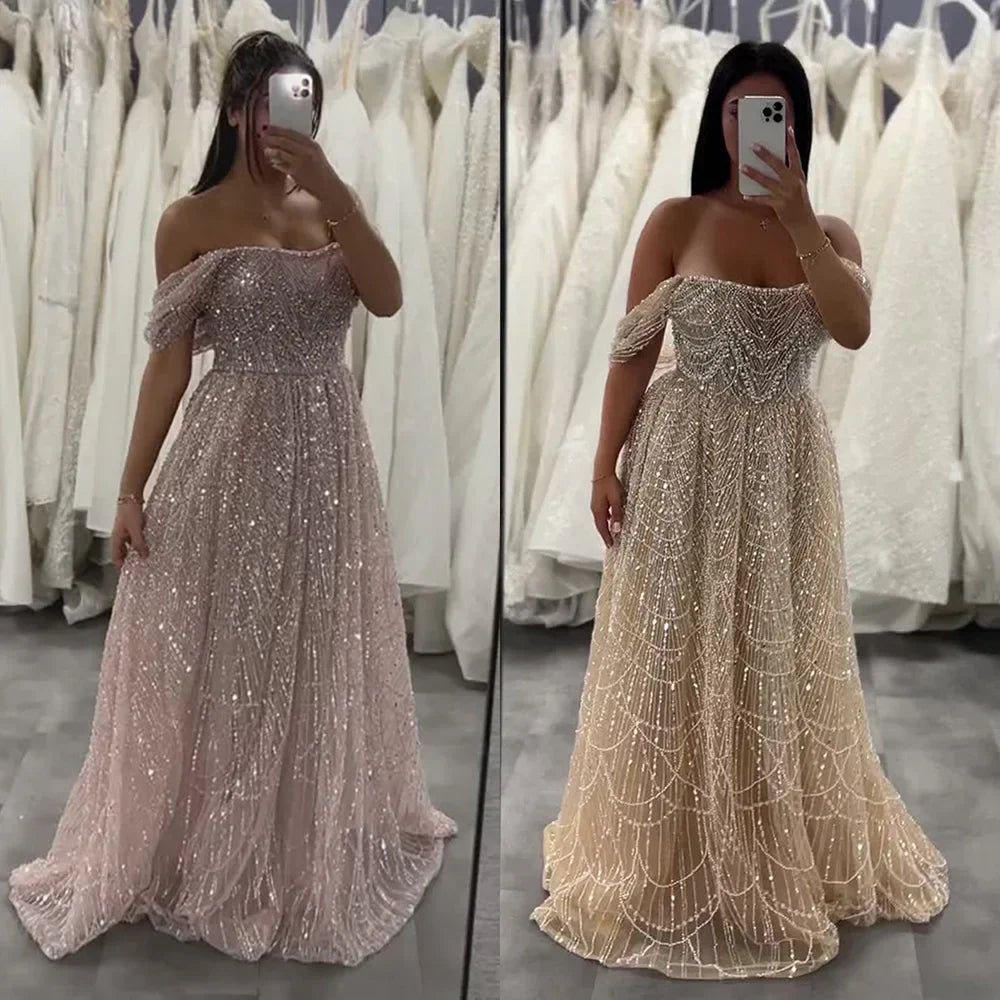 Luxury Nude Off Shoulder A-Line Evening Gown with Pearl Beading LA72738A