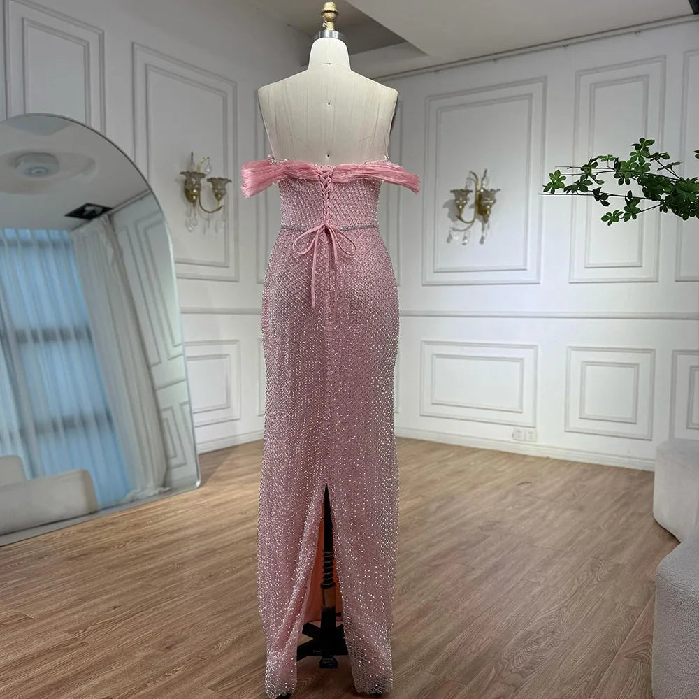 Luxury Pink Off Shoulder Mermaid Evening Dress with Bow LA73058