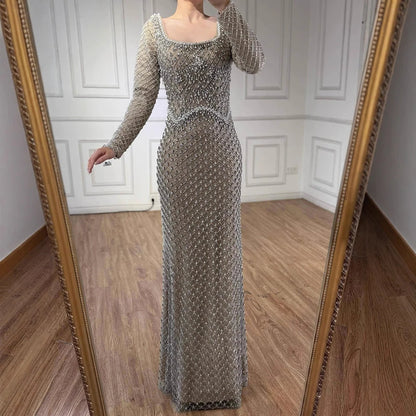 Luxury Pearl Beaded Mermaid Evening Dress with Long Sleeves LA72919A