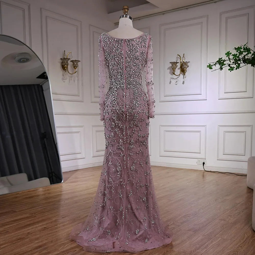 Luxury Nude Beaded Crystal Mermaid Evening Dress with Long Sleeves LA73042