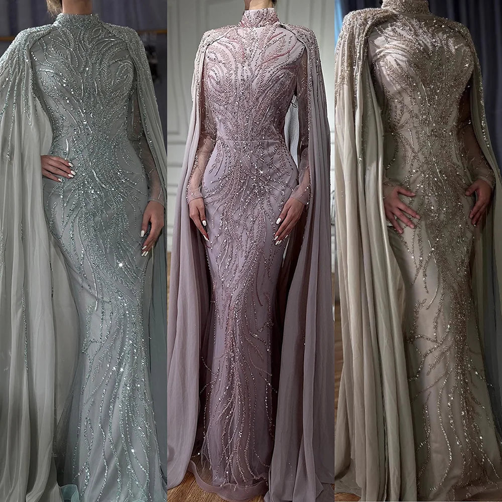 Luxury Muslim Sage Green Evening Dresses Gowns with Cape Long Sleeves LA72413A