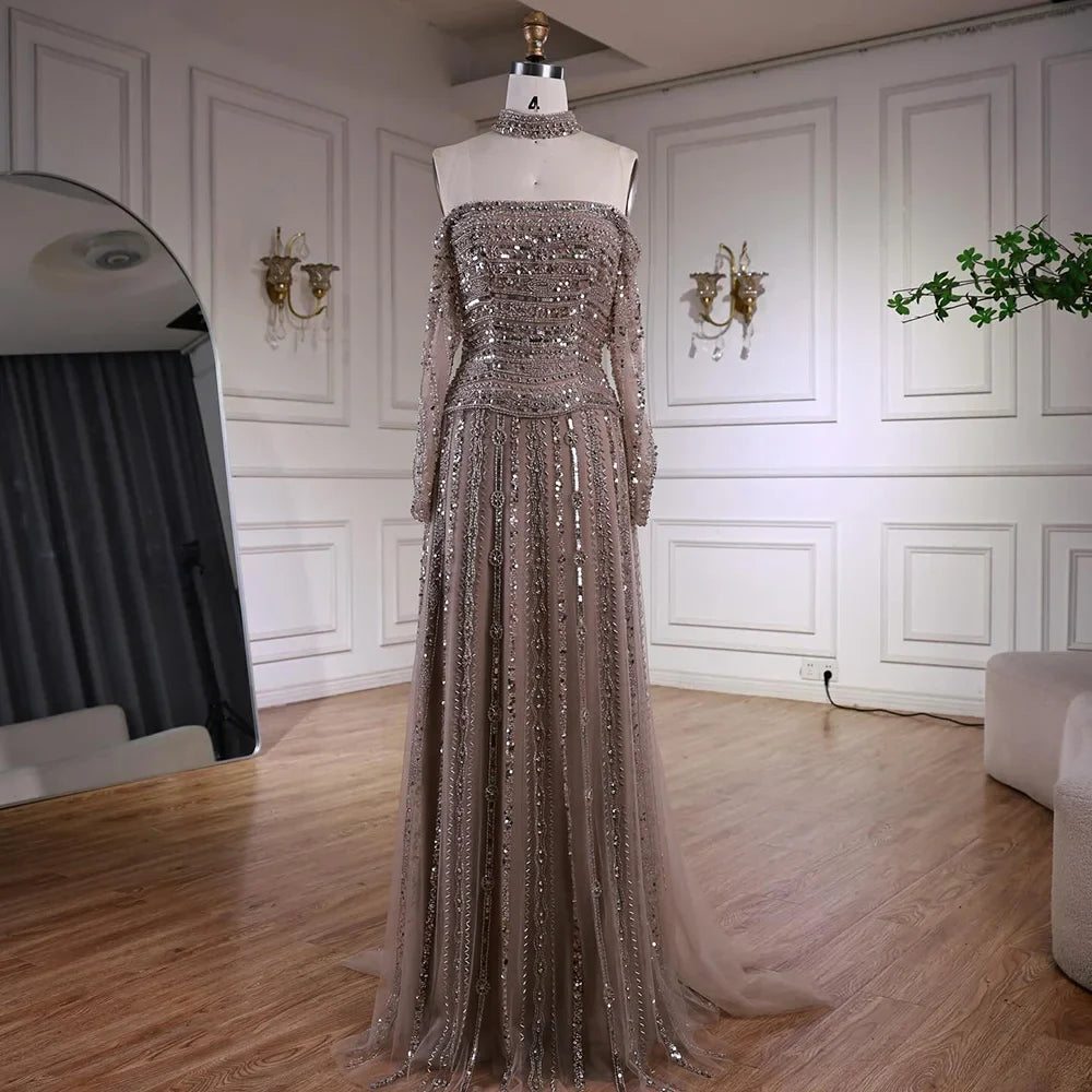 Caramel Off Shoulder Beaded Mermaid Evening Dress Long Sleeves LA73053