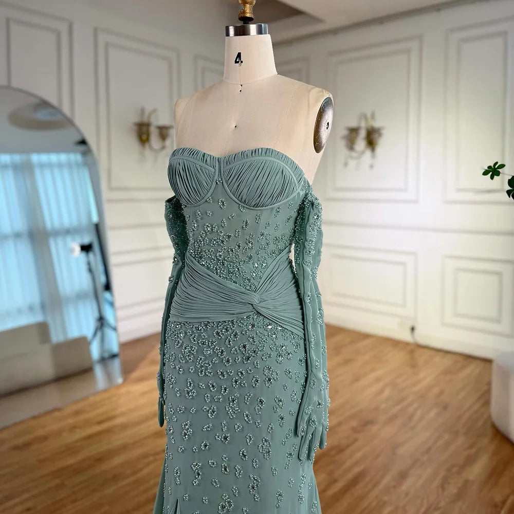 Luxury Turquoise Strapless Beaded Mermaid Evening Dress with Gloves LA72933