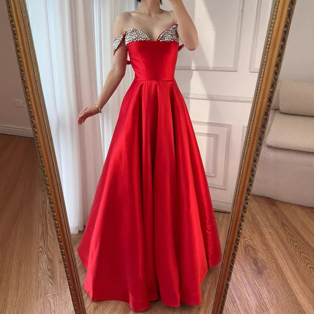 Luxury Red Beaded A-Line Prom Dress with Spaghetti Straps LA73049