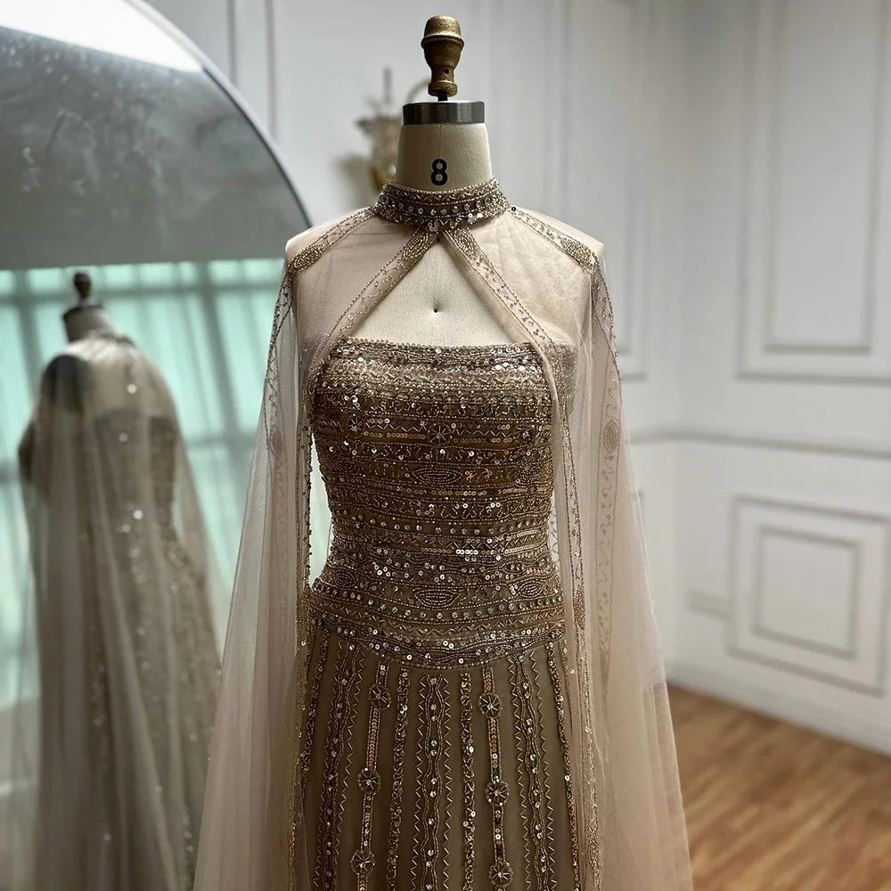 Luxury Caramel A-Line Beaded Evening Dress for Dubai Occasion LA72873