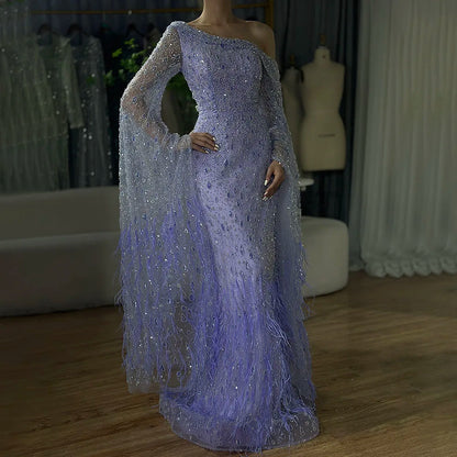 Luxury Feather One Shoulder Evening Dress with Cape Sleeves LA72763