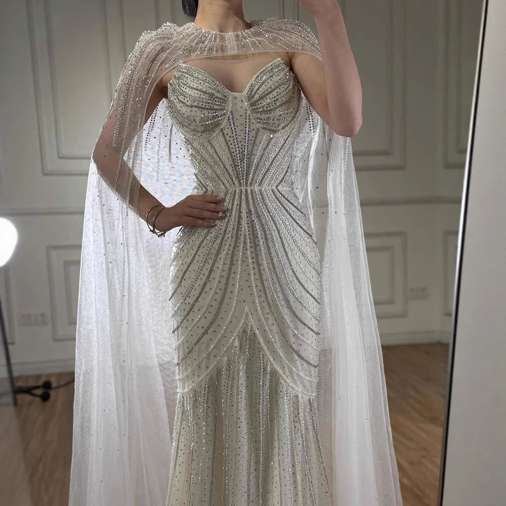 Luxury Blue Beaded Evening Gown with Detachable Cape LA72784