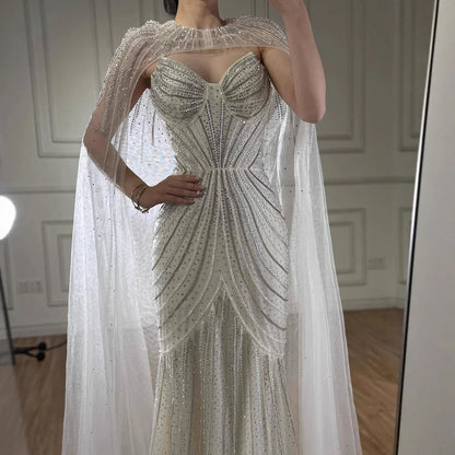 Luxury Blue Beaded Evening Gown with Detachable Cape LA72784