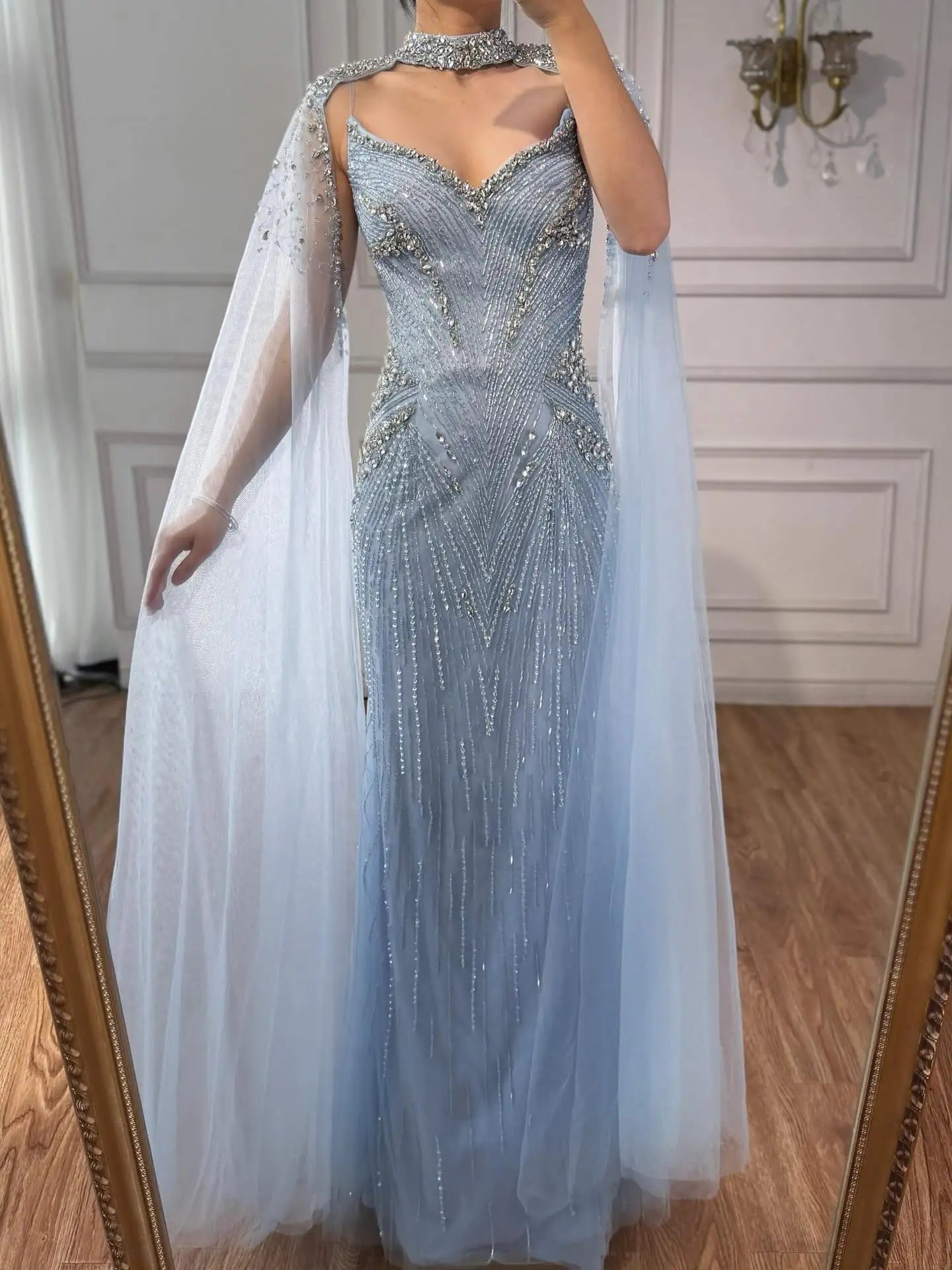 Luxury Arabic Nude Beaded Evening Dress with Cape Sleeves LA73173