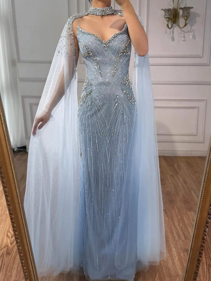 Luxury Arabic Nude Beaded Evening Dress with Cape Sleeves LA73173
