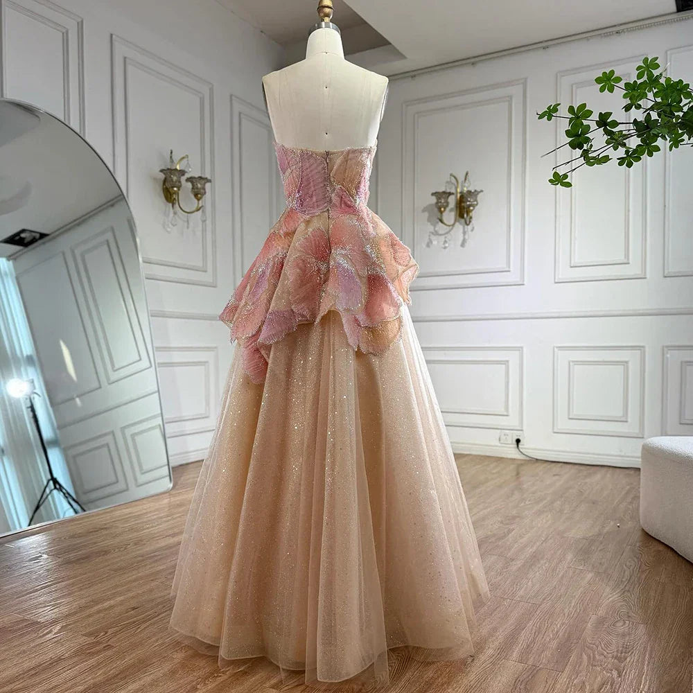 Luxury Peach Floral Appliqué A-Line Sparkly Evening Dress LA73185