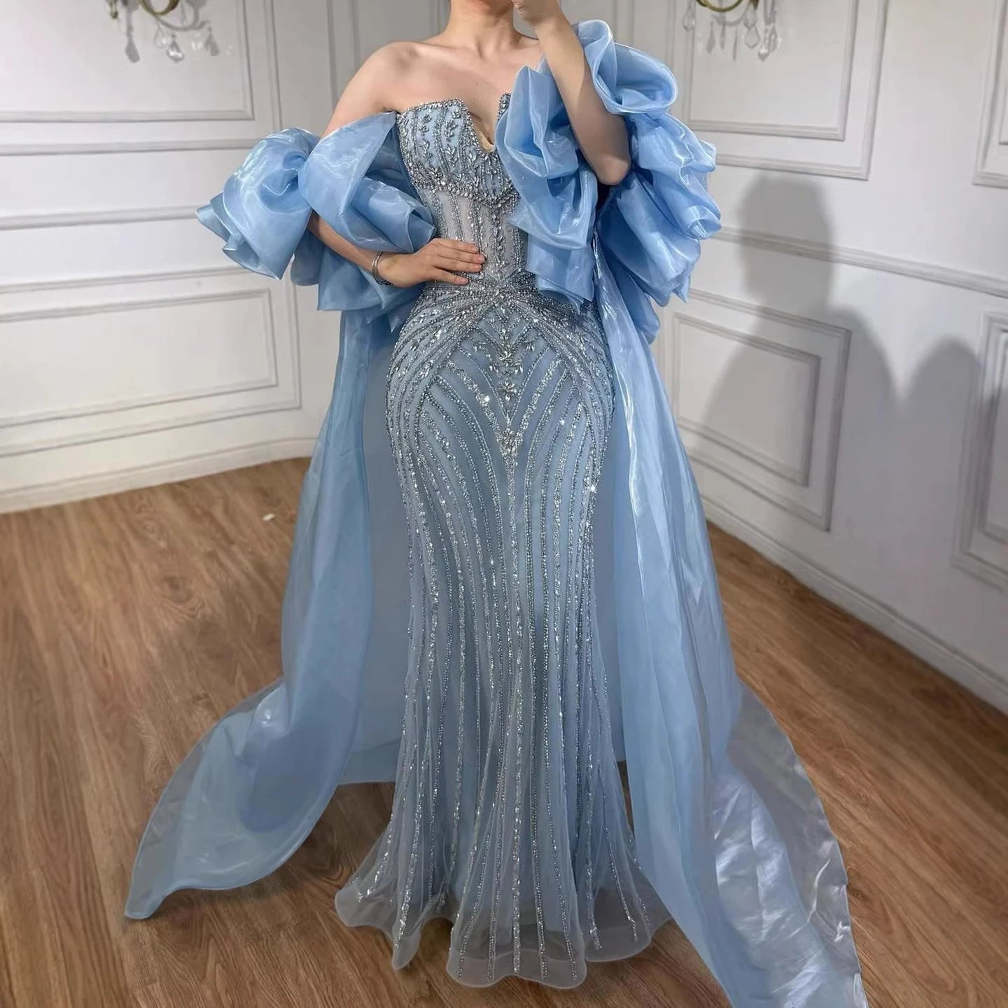 Luxury Light Blue Diamond Evening Dress With Ruffle Cape LA73141