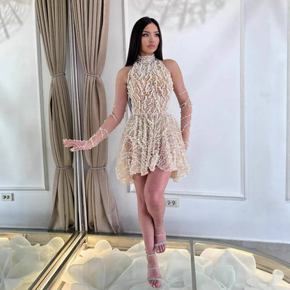 Arabic Nude Pearl Beaded High Neck Short Party Dress with Gloves LA72345D
