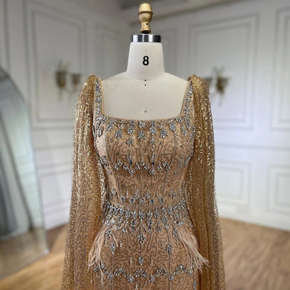 Bling Gray Mermaid Feather Arabic Midi  Evening Dress with Cape LA72334