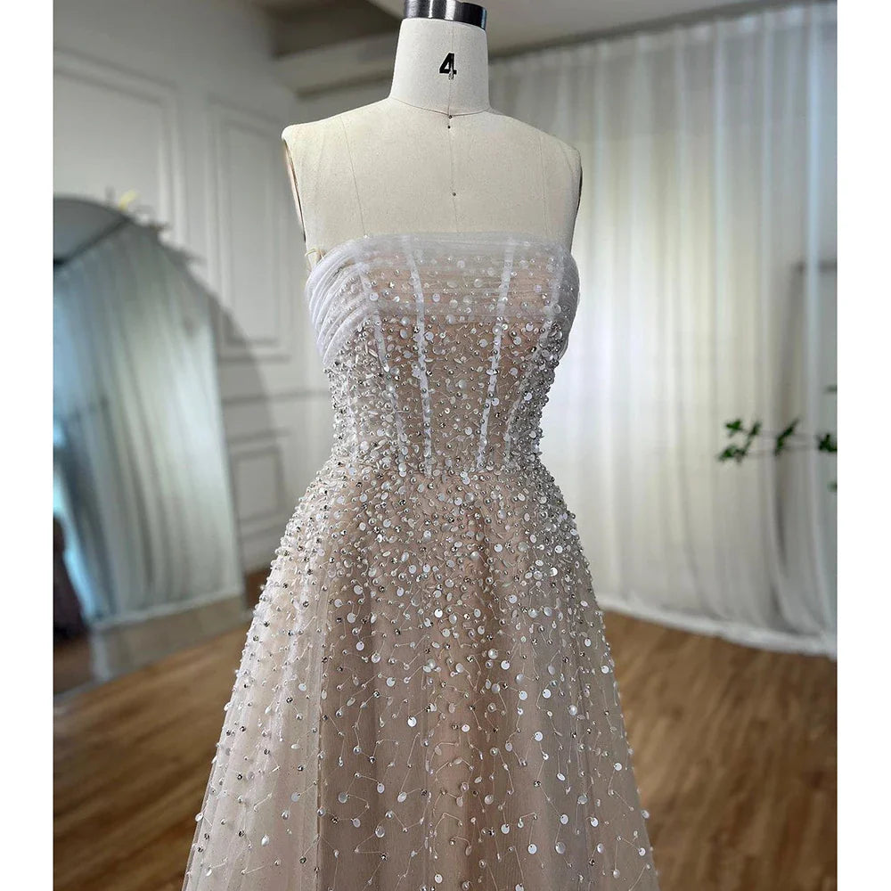Pearls White Nude Arabic Evening Dresses with Gloves LA72009