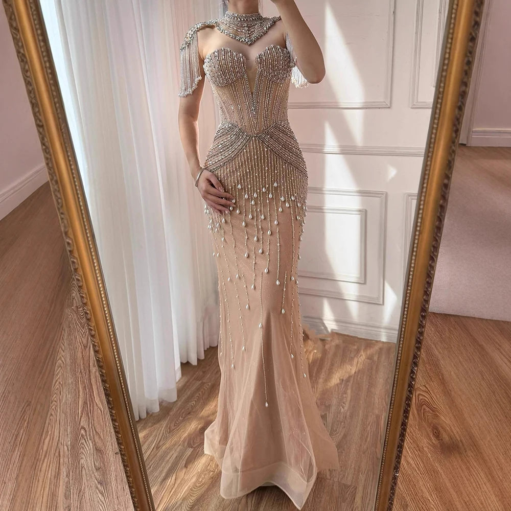 Luxury Nude Pearl Beaded Tassel Mermaid Evening Dress LA73183