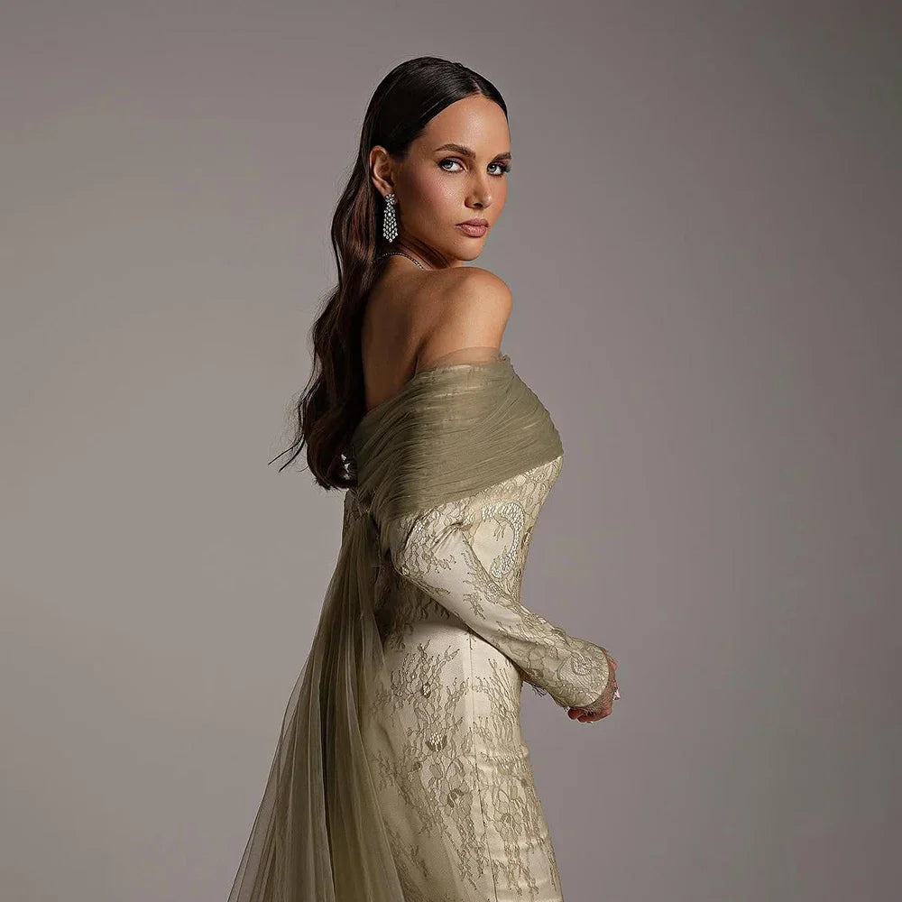 Elegant Olive Green Evening Dress with Lace Sleeves LA72942