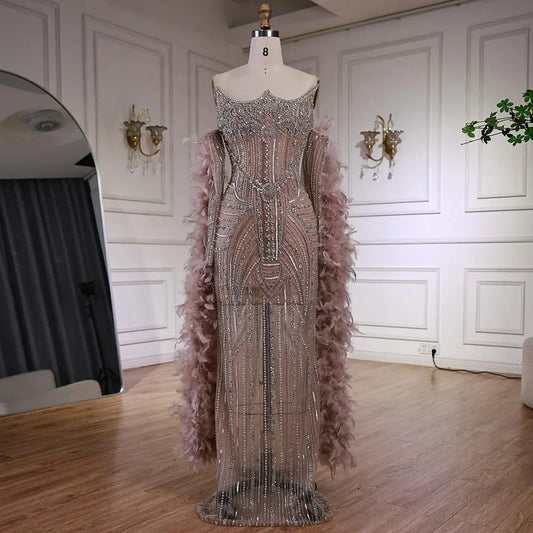 Luxury Caramel Beaded Mermaid Evening Dress with Feather Sleeves LA73055