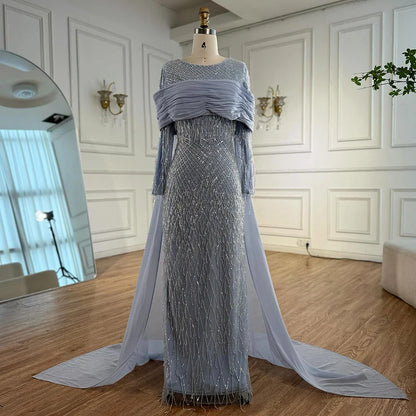 Arabic Blue Mermaid Evening Dress with Beaded Tassels LA72374A