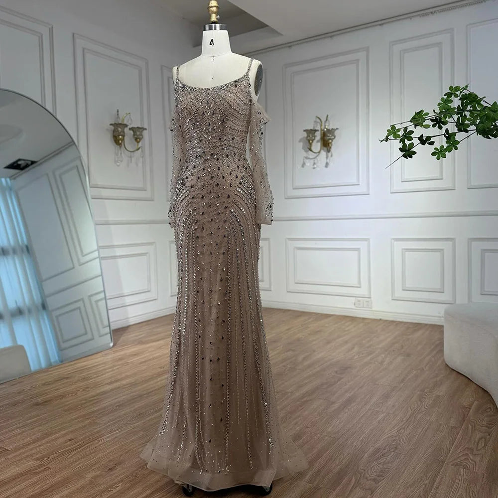 Luxury Nude Navy Blue Beaded Evening Dress with Long Sleeves LA73120
