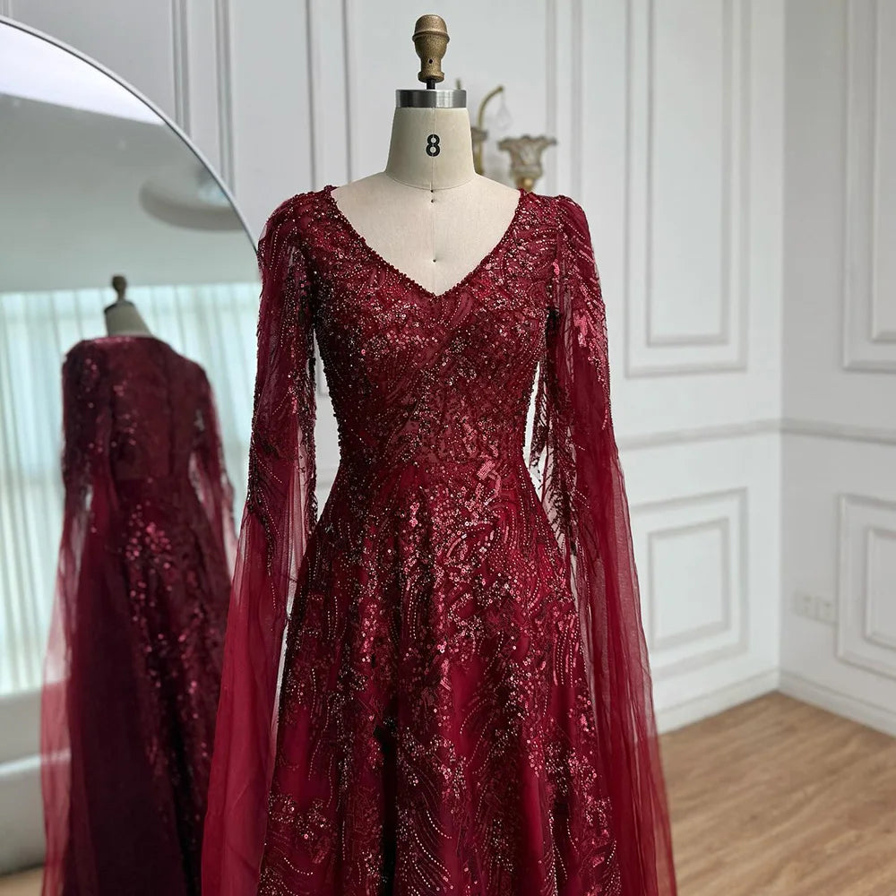 Luxury Wine Red A-Line Luxury Beaded Evening Dress with Cape LA73127