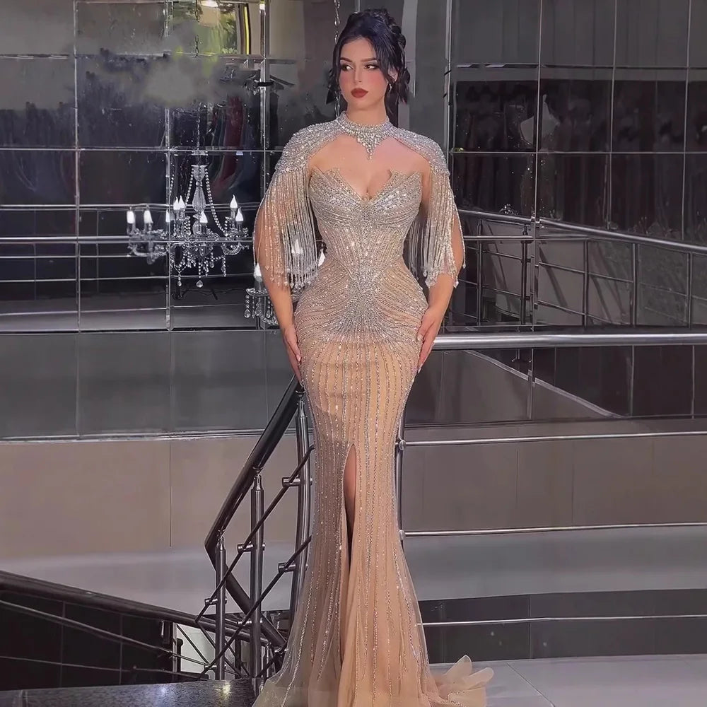 Nude Mermaid Evening Dress with Detachable High Neck Tassel LA72891A