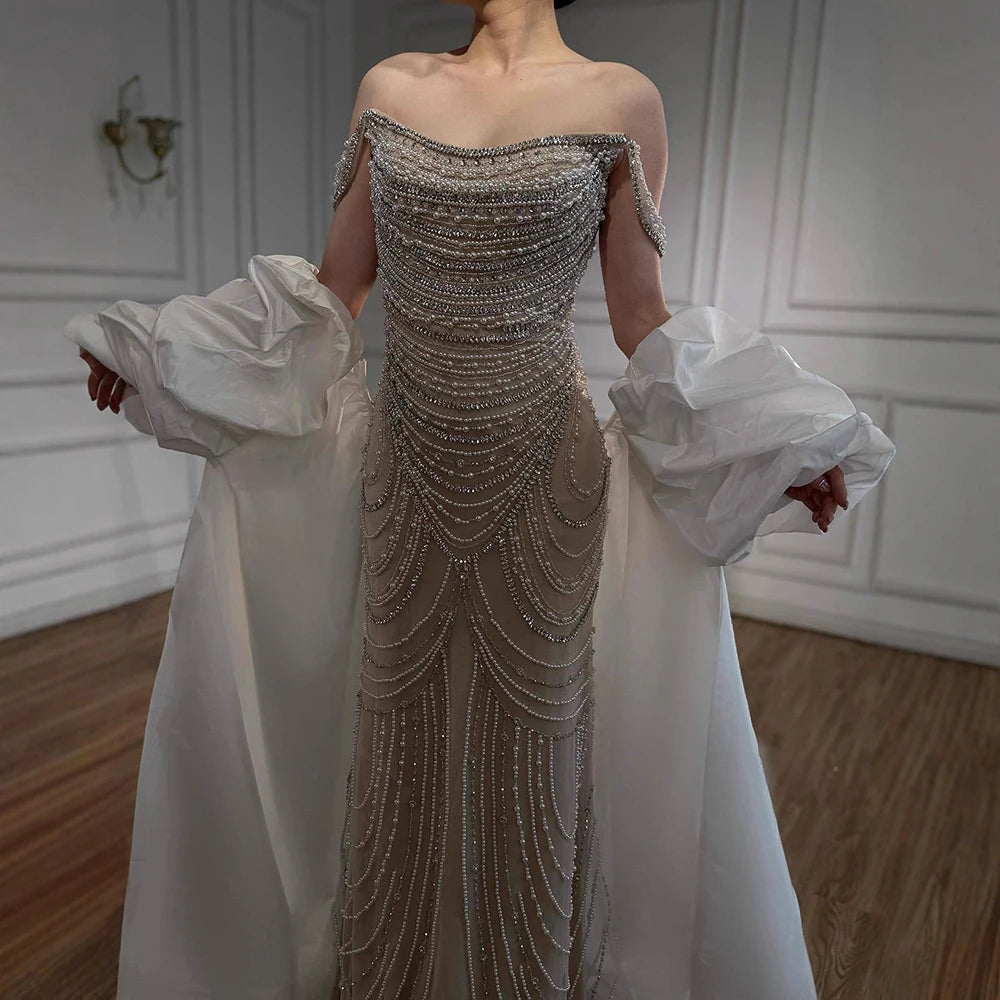 White Nude Beaded Mermaid Evening Dress with Satin Cape LA72253B