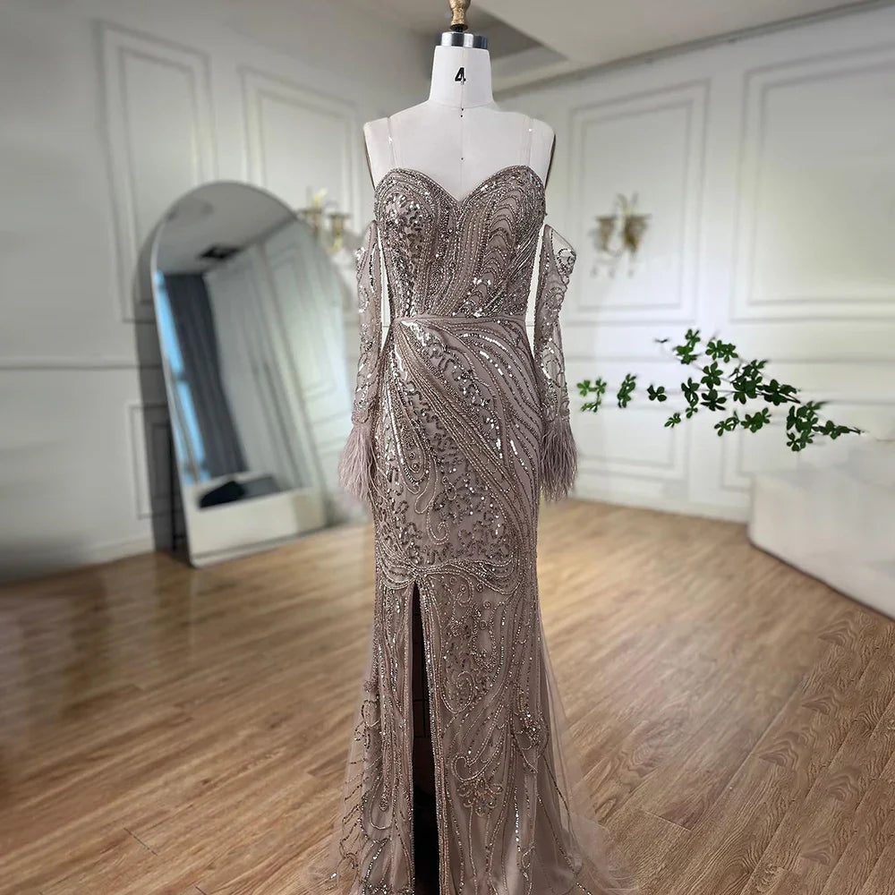 Luxury Arabic Nude Mermaid High Split Feather Beaded Evening Dress LA71910