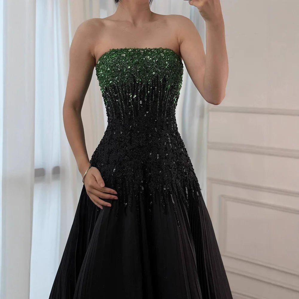 Luxury Beaded Black Green Strapless Dubai Evening Dress for Party LA72406