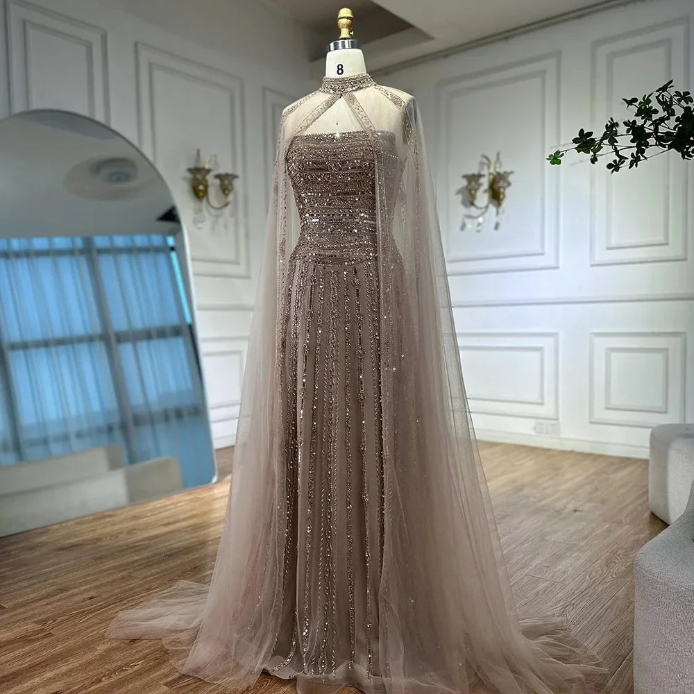 Luxury Caramel A-Line Beaded Evening Dress for Dubai Occasion LA72873