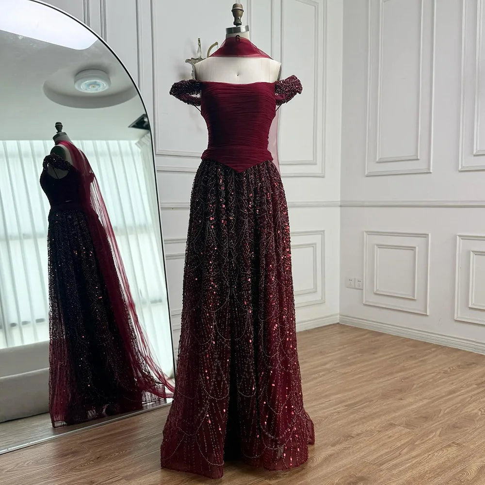 Luxury  Arabic  Pink Pearls  Evening Dress  With Cape LA72922