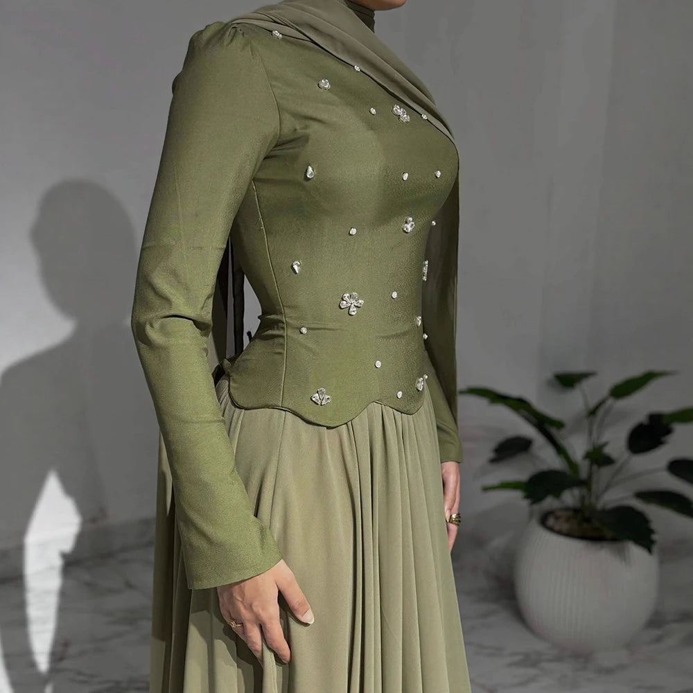 Luxury Olive Green Beaded Evening Dress with Cape LA73217