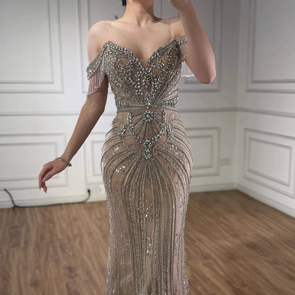 Luxury Pink Crystal Tassel Off Shoulder Evening Dress Dubai LA73204