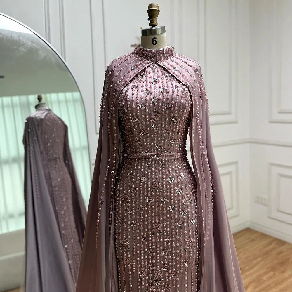 Luxury Blue Muslim Mermaid Beaded Evening Gowns with Cape Sleeves LA72533