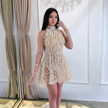 Arabic Nude Pearl Beaded High Neck Short Party Dress with Gloves LA72345D
