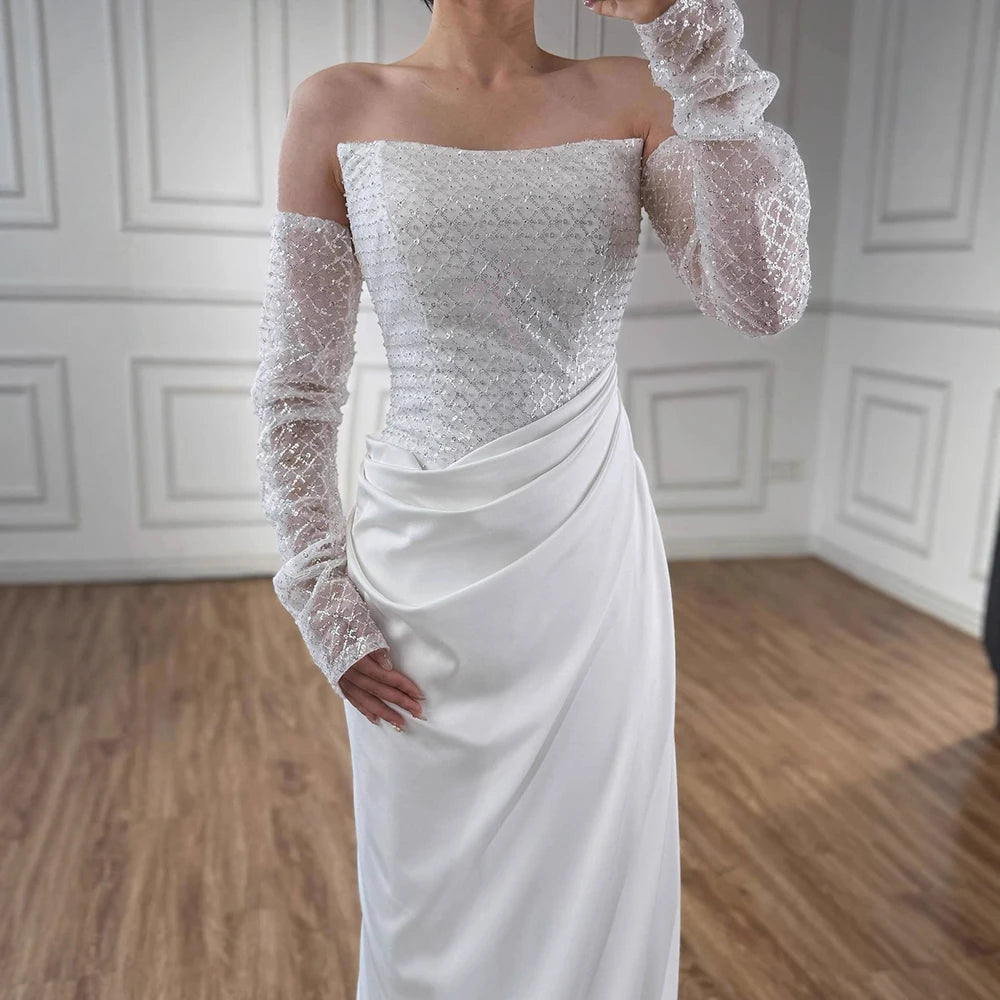 White   Beaded Evening Dress with Detachable Sleeves LA72293A