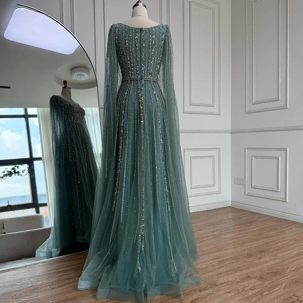 Luxury Dubai Square Neck Beaded Evening Gown with Cape LA73188