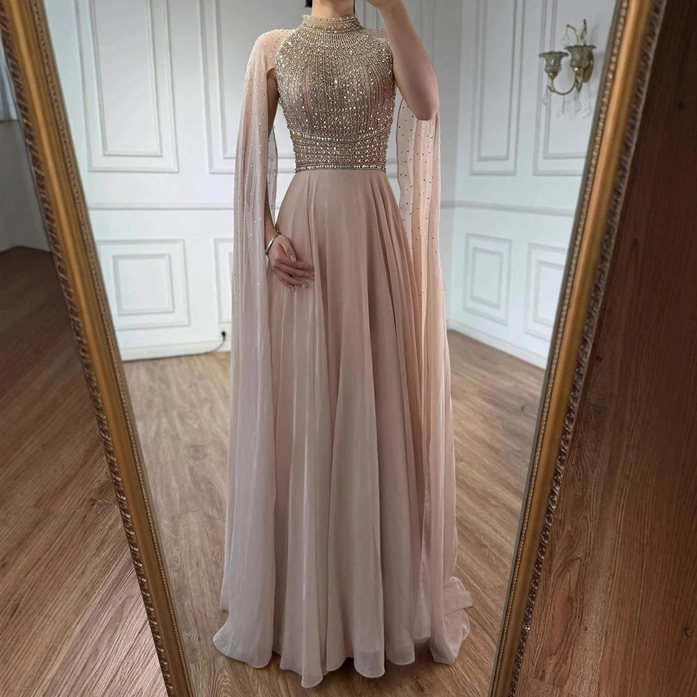 Luxury Caramel Chiffon Beaded Evening Dress with Cape LA73144