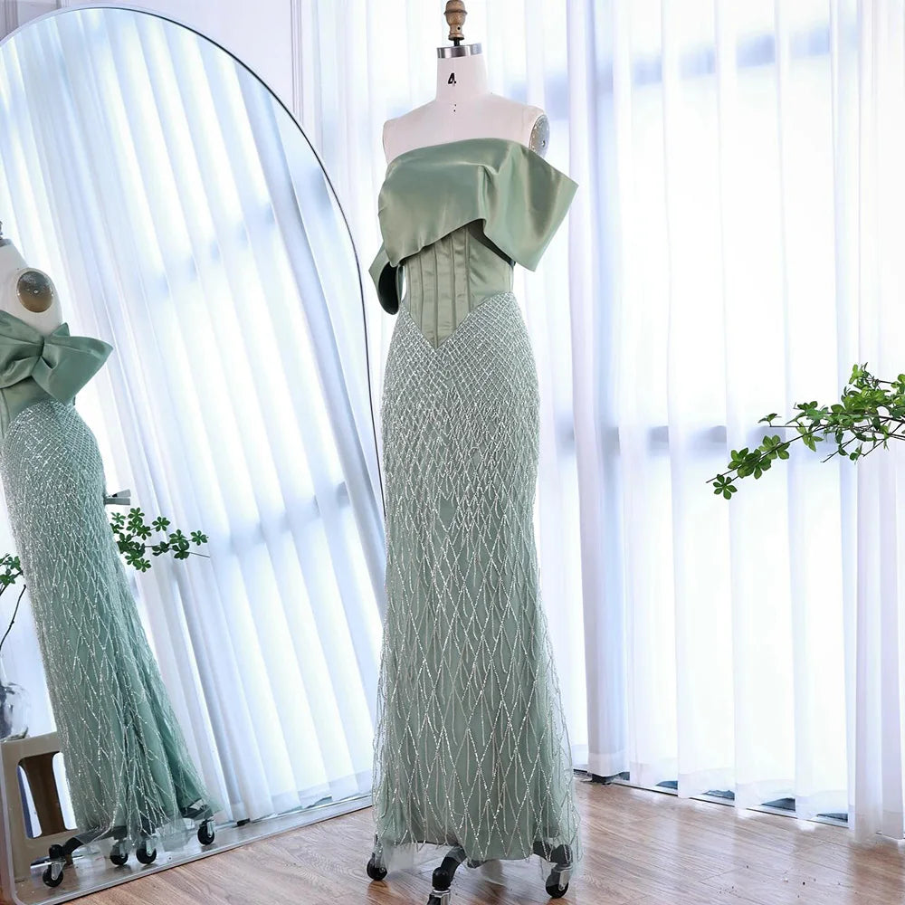 Sage Green Off Shoulder Tassel Beaded Mermaid Evening Dress LA73037