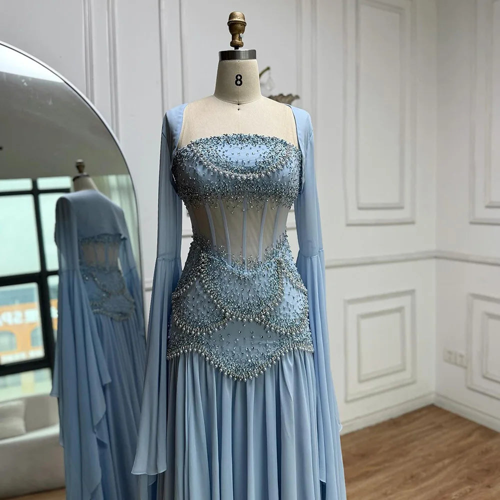 Luxury Blue Evening Dress with Pearls Tassels and Flowing Coat LA72978A