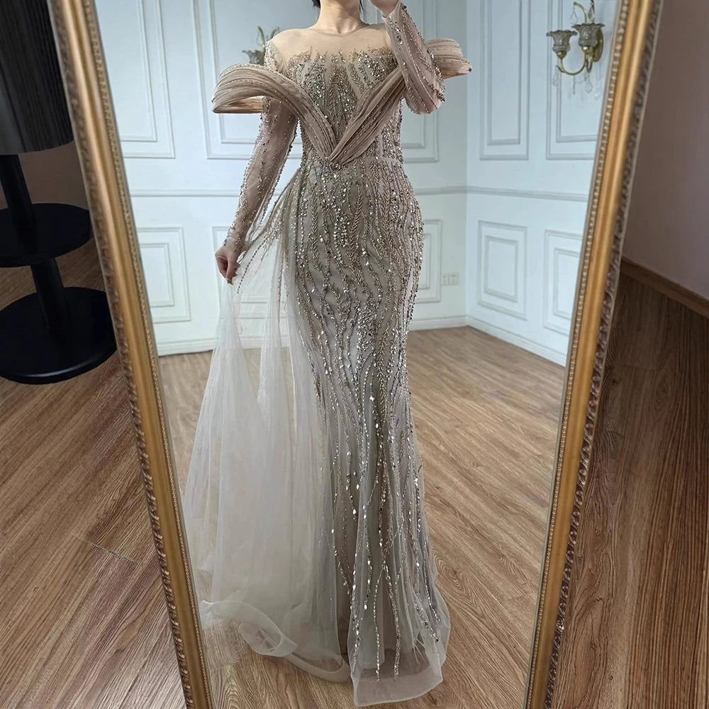 Elegant Sage Green Beaded Evening Dress with Flowing Hem LA72928