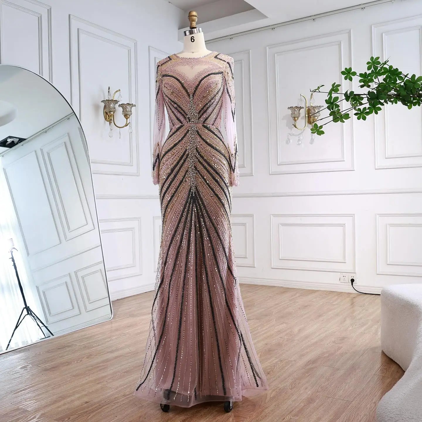 Luxury Pink Modest Dubai Mermaid  Evening  Dress  Long Sleeevs 2026 LA73213
