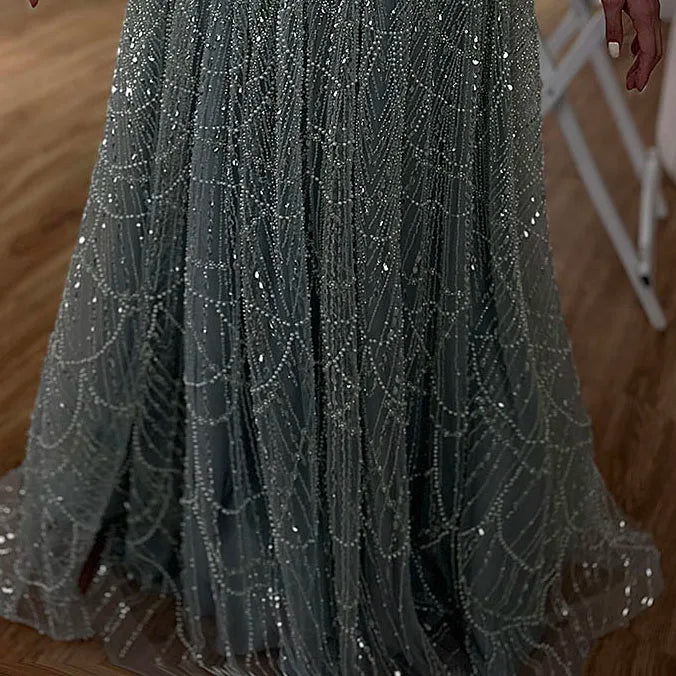 Luxury Olive Green Beaded A-Line Evening Dress Long Sleeves LA72738B
