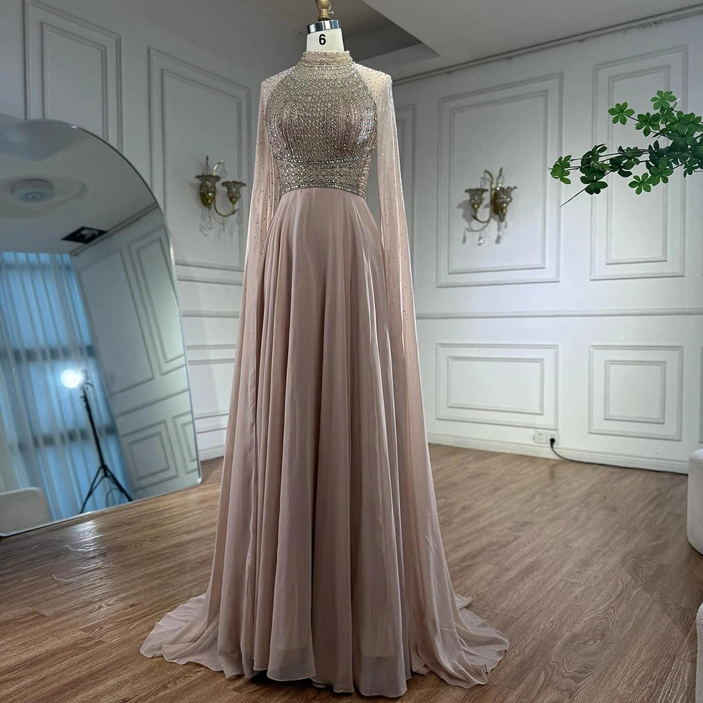 Luxury Caramel Chiffon Beaded Evening Dress with Cape LA73144