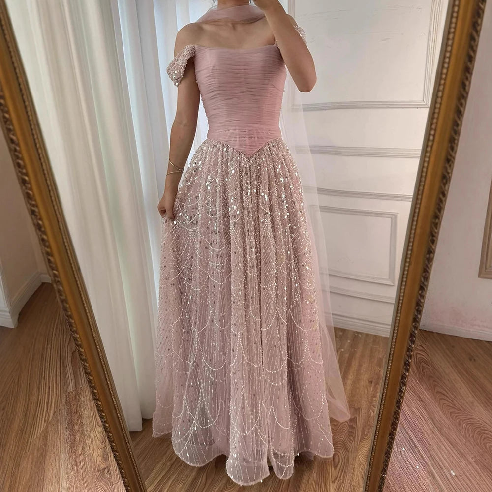 Luxury  Arabic  Pink Pearls  Evening Dress  With Cape LA72922