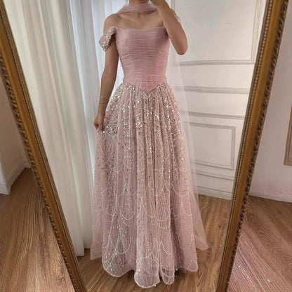 Luxury  Arabic  Pink Pearls  Evening Dress  With Cape LA72922